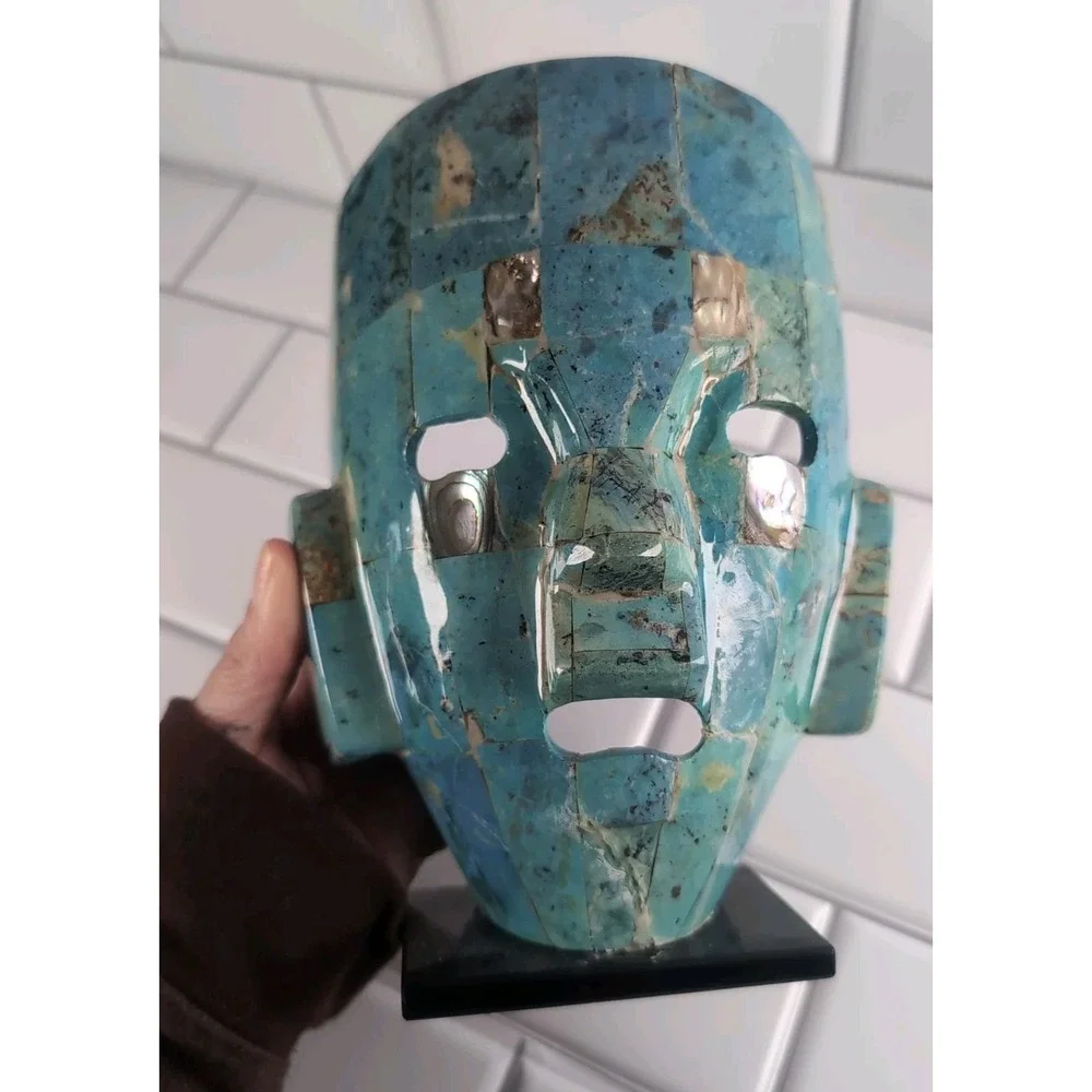 Vintage Art Sculpture Abalone Shell Pearl Mayan/Aztec Mask Blue Turquoise Displa